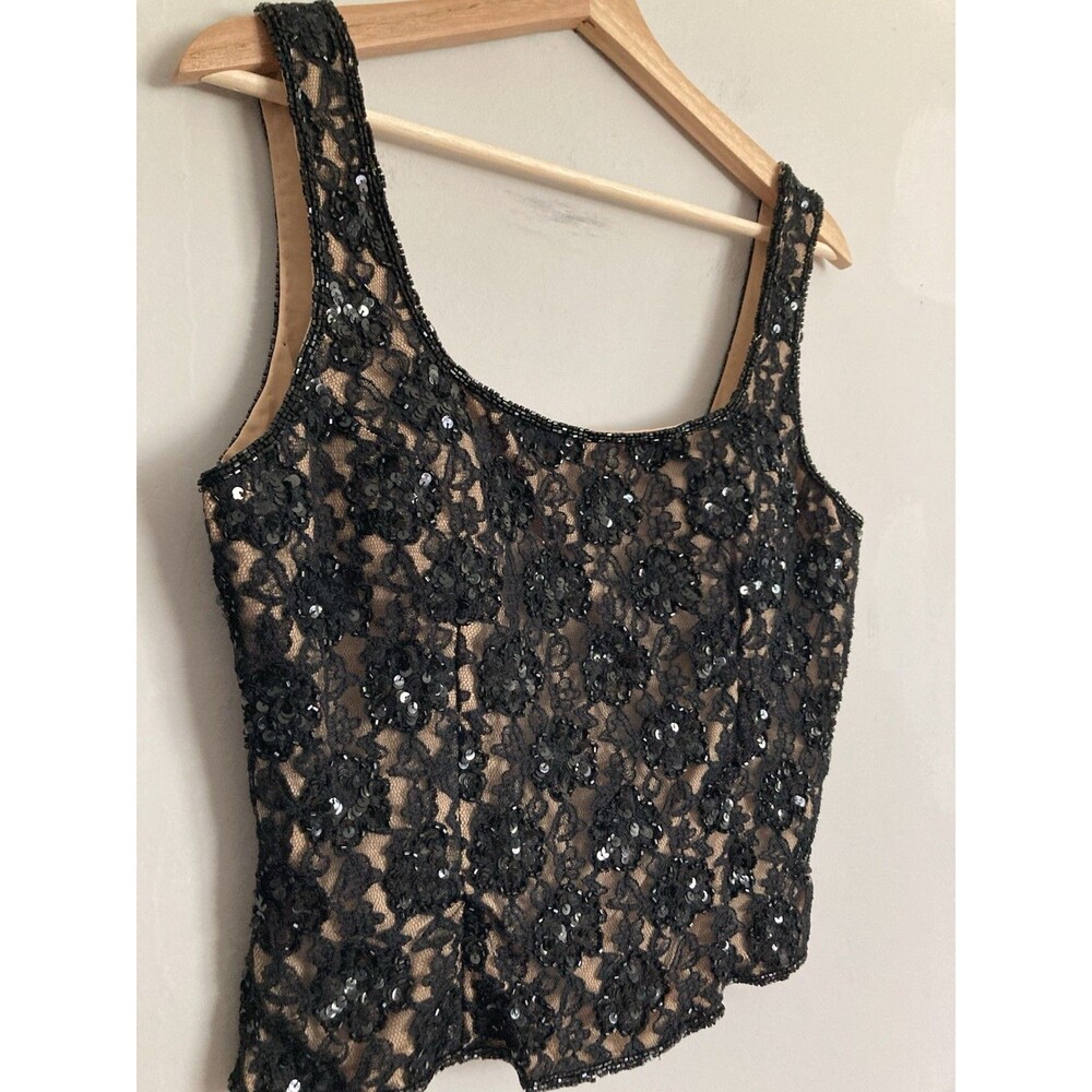Vtg Andretta Donatello Beaded Sequins Lace Top MEDIUM Sleeveless Black Elegant - Picture 2 of 11